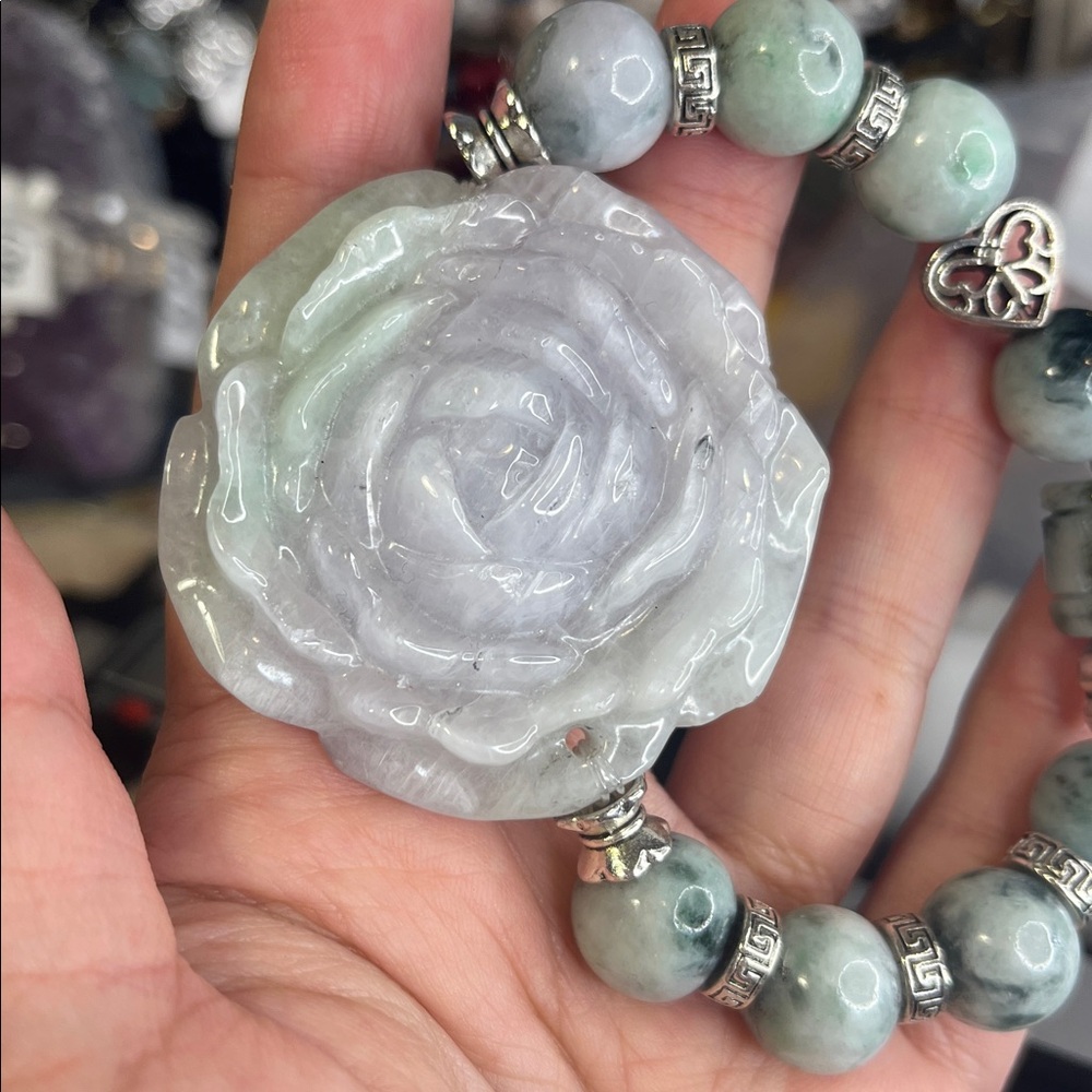 6.75 Jade Floral Bracelet -Flower 2x2 inches, Beads 12.5 mm
